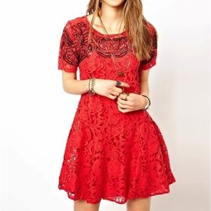 FREE PEOPLE Red Lace Embroidered Dress Size: M